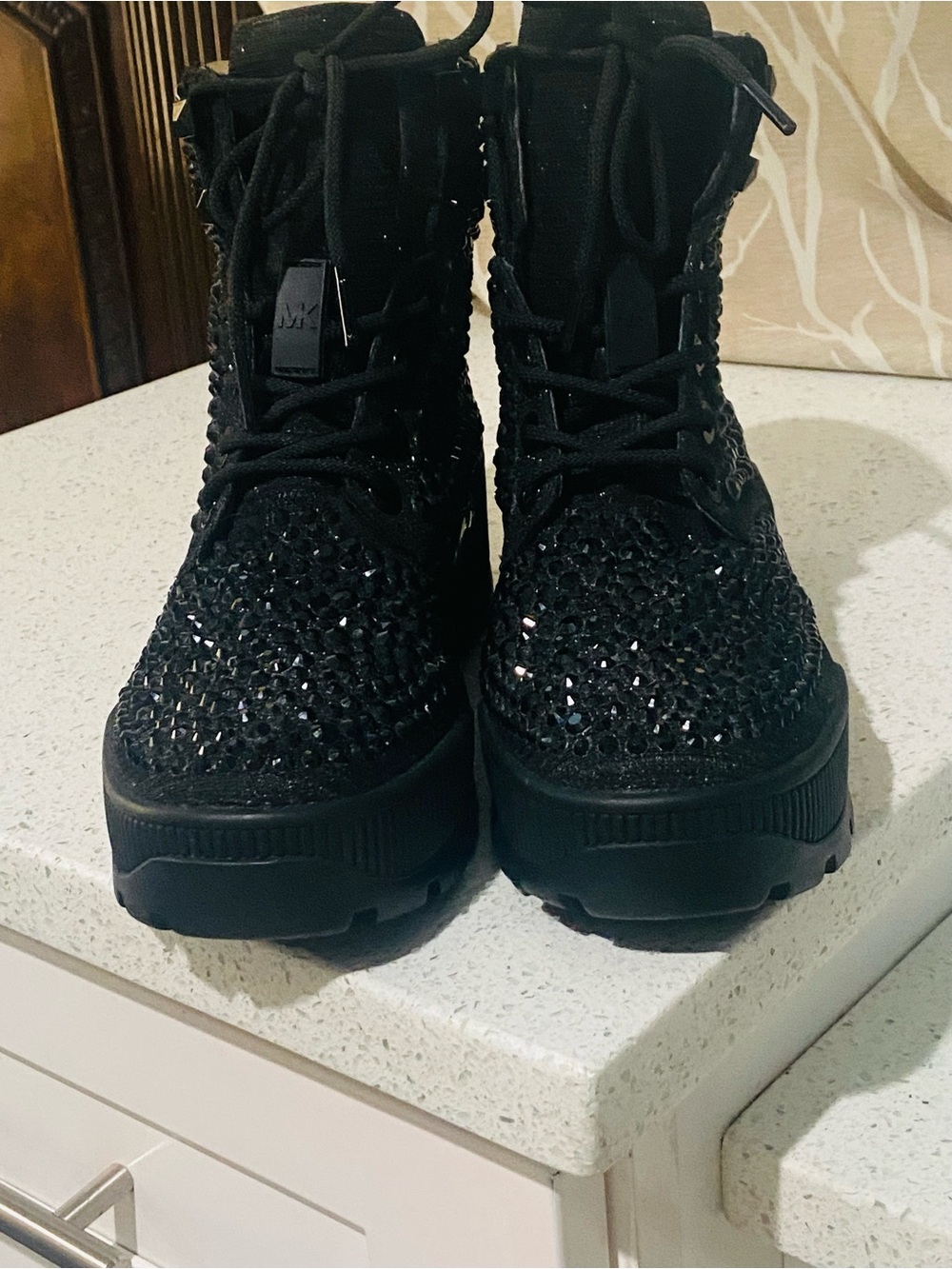 Michael Kors Shane Black Crystal Lace-Up Combat Boots